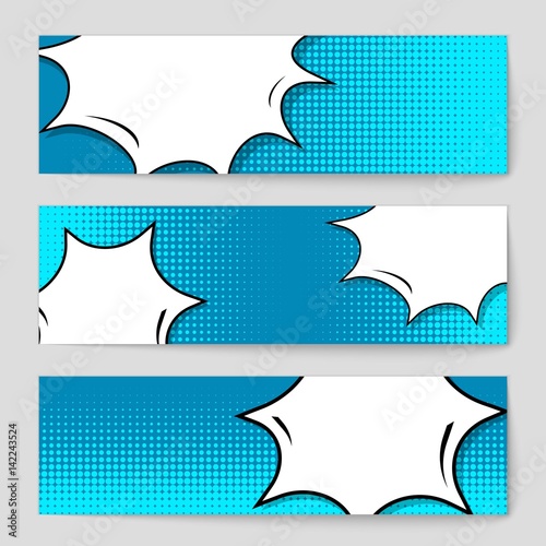 Abstract creative concept vector comic pop art style blank, layout template with clouds beams and isolated dots background. For sale banner, empty speech bubble set, illustration halftone book design.