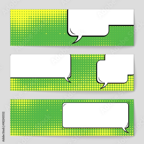 Abstract creative concept vector comic pop art style blank, layout template with clouds beams and isolated dots background. For sale banner, empty speech bubble set, illustration halftone book design.