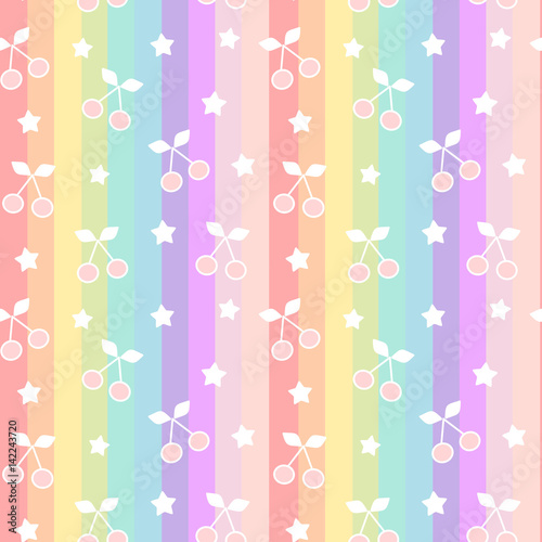 cute cartoon cherries on rainbow colorful stripes seamless vector pattern background illustration

