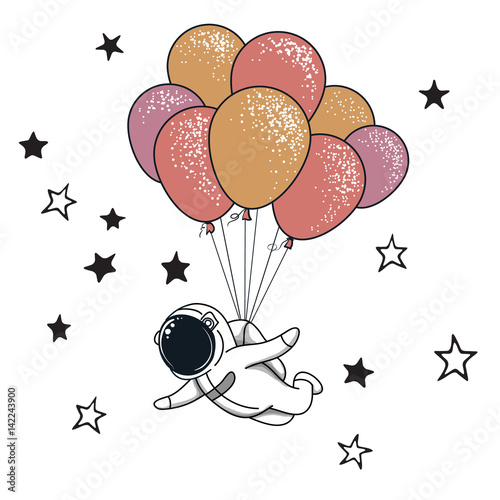 Funny spaceman fly with many balloons