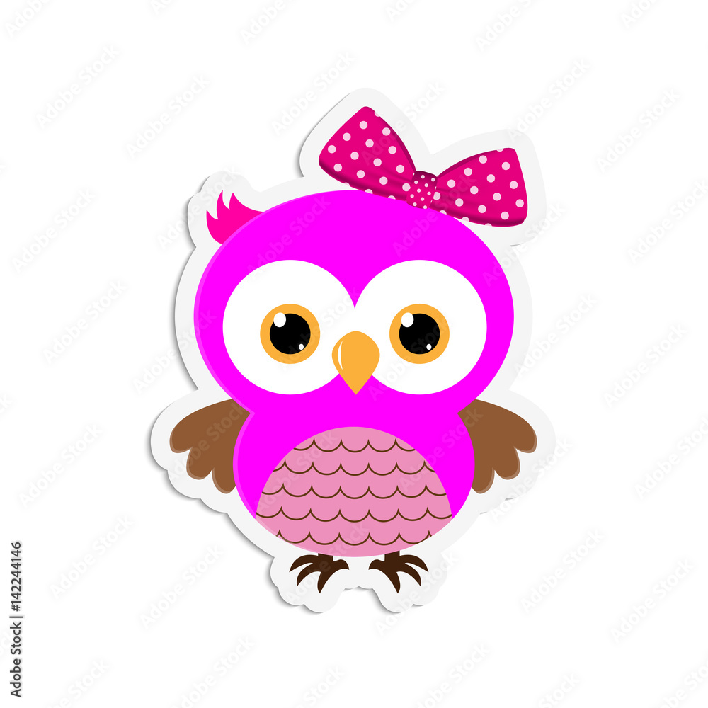 Fototapeta premium Sticker of a cute owl pink with a bow on a white background.