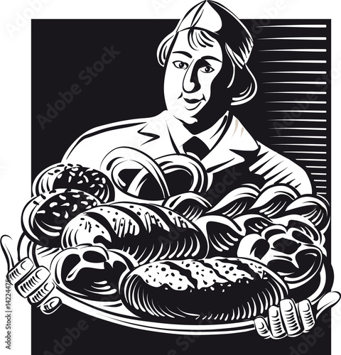 Baker holds out a tray with different types of freshly baked bread.