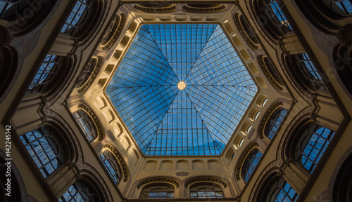 Hexagonal lead glass ceiling in atrium
