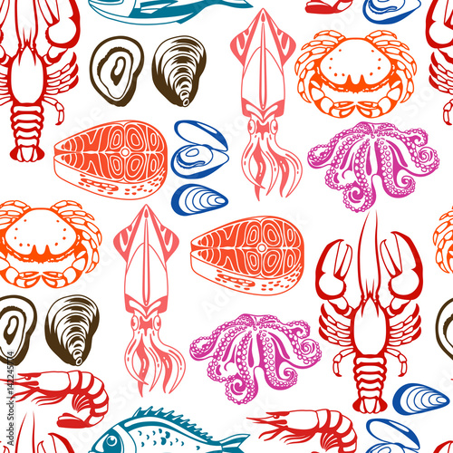 Seamless pattern with various seafood. Illustration of fish, shellfish and crustaceans