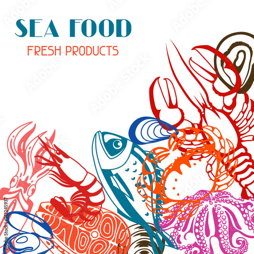Background with various seafood. Illustration of fish, shellfish and crustaceans