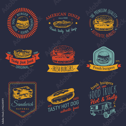 Vector vintage fast food logo set. Retro quick meal signs collection. Bistro, snack bar, street restaurant, diner icons.