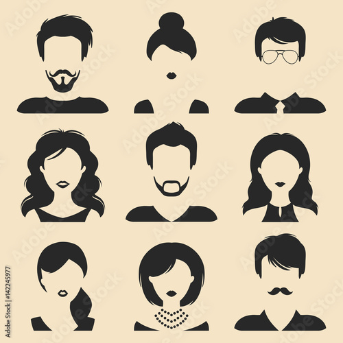 Vector set of different male and female icons in trendy flat style. People faces images collection.