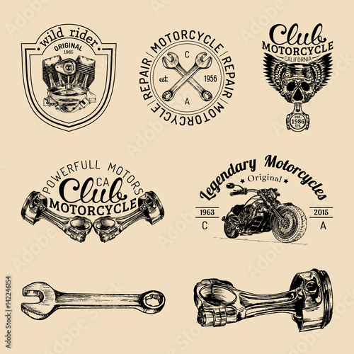 Vector biker club signs. Motorcycle repair logos set. Retro hand sketched garage labels. Custom chopper store emblems.