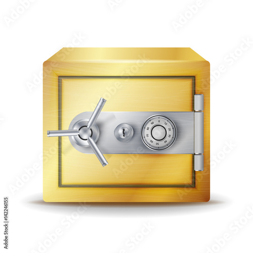 Metal Safe Realistic Vector. Gold Deposit Box For Safety Concept. Combination lock