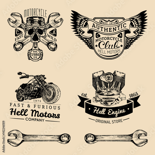 Vector biker club signs. Motorcycle repair logos set. Retro hand sketched garage labels. Custom chopper store emblems.