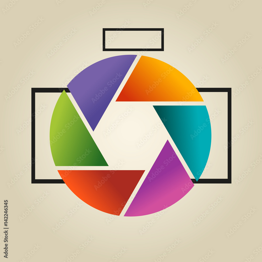 Obraz premium Multi-colored vector logo in the form of lens and diaphragm of photoappar on light background