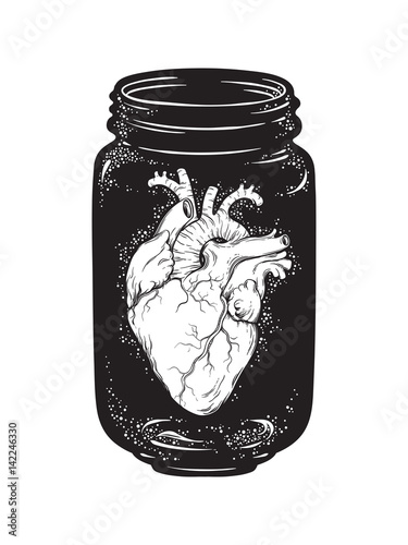 Human heart in glass jar isolated. Sticker, print or blackwork tattoo hand drawn vector illustration
