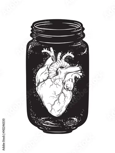 Naklejka na ścianę Ludzki serce w szklanym słoju odizolowywającym. Majcheru, druku lub blackwork tatuażu ręka rysująca wektorowa ilustracja ,.