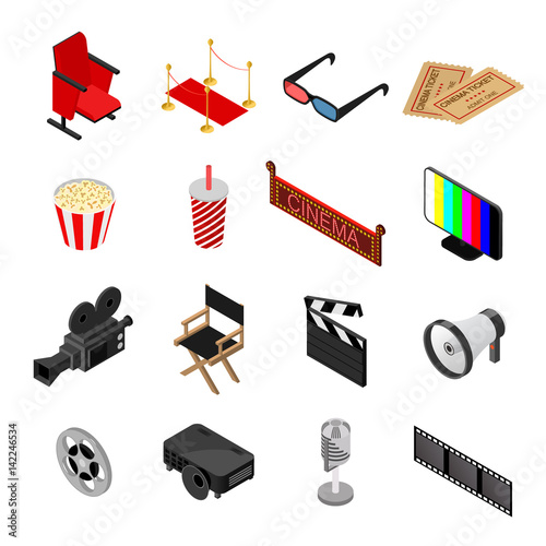 Cinema Color Icons Set Isometric View. Vector
