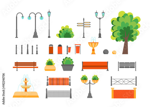 Cartoon Color Urban Park Elements Set. Vector