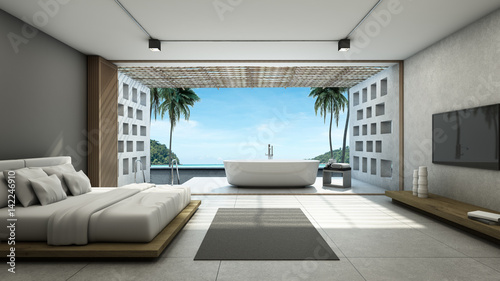 Bedroom pool villa Outdoor bathroom Way down the pool background take view sea -3D render