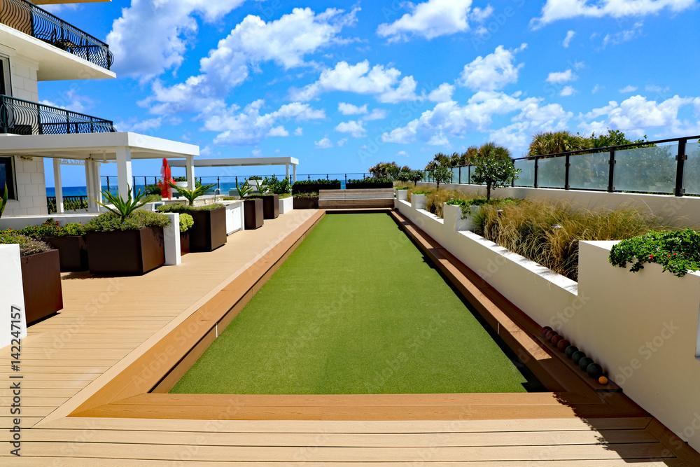 Fototapeta premium Beautiful, upscale bocce ball court on artificial turf.