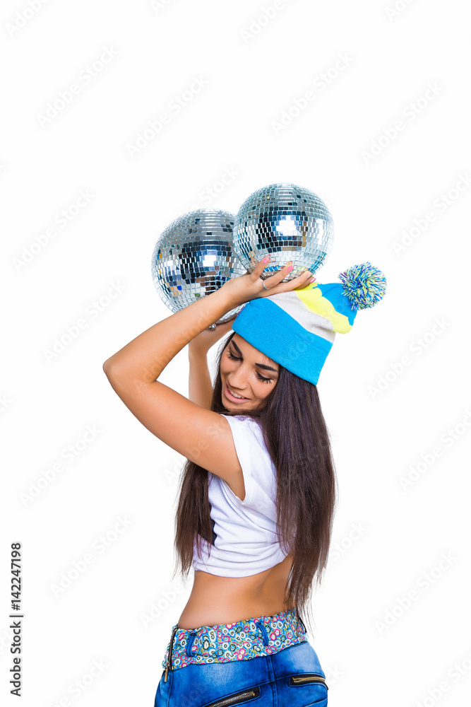 Girl with disco ball isolated on white background Girl with disco ball isolated on white background