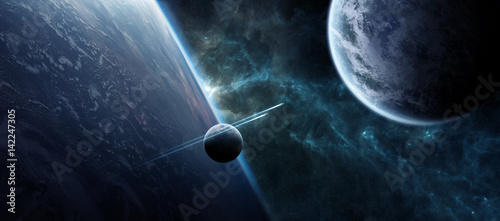 Fototapeta Naklejka Na Ścianę i Meble -  Sunrise over distant planet system in space 3D rendering elements of this image furnished by NASA