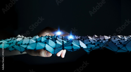 Fototapeta Naklejka Na Ścianę i Meble -  Businesswoman touching abstract wave connection with dots and lines 3D rendering
