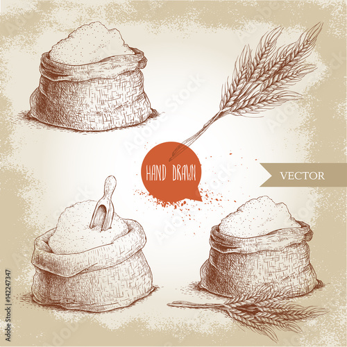Hand drawn sketch style set of sacks with whole flour and wheat bunch. Bag with sugar, flour sack with wooden scoop, wheat sheaf. Bakery and mill symbol.