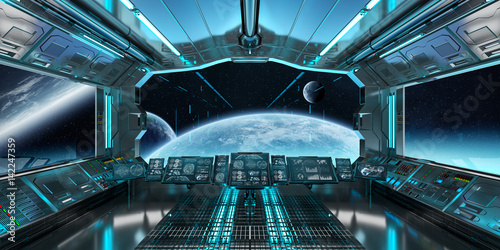 Fototapeta Naklejka Na Ścianę i Meble -  Spaceship interior with view on distant planets system 3D rendering elements of this image furnished by NASA