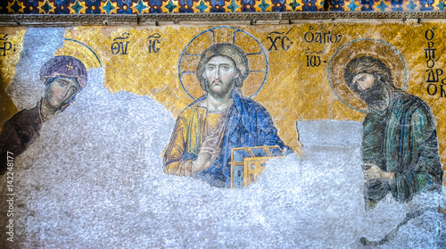 Istanbul, Turkey - February 9, 2013: Mosaic of Jesus Christ, Hagia Sophia in Istanbul, Turkey photo