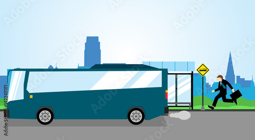 Simple business concept illustration of a businessman late to catch his bus
