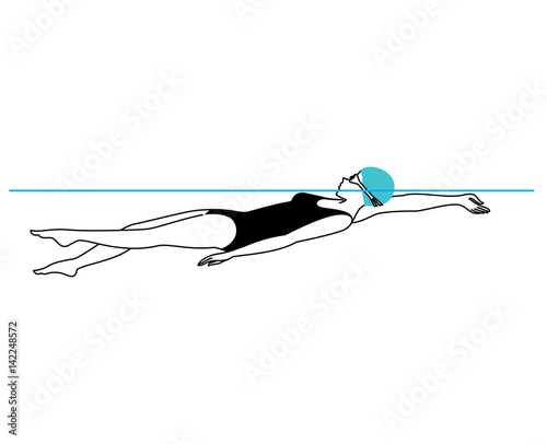 A woman wearing swimming cap and goggles swimming on the back in the swimming pool. Vector illustration.