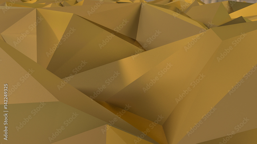 Abstract 3d rendering of gold surface. Futuristic background with lines and low poly shape.