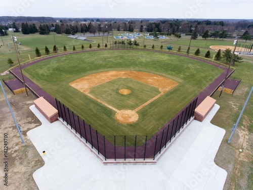 Ariel Photo of Baseball Field in a Park on a Cloudy Day During Spring