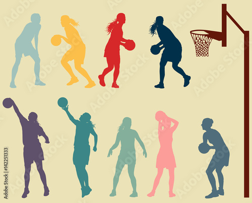 Basketball woman game in action with basketball hoop vector