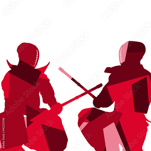 Active japanese kendo sword martial arts fighters sport silhouettes abstract mosaic illustration background