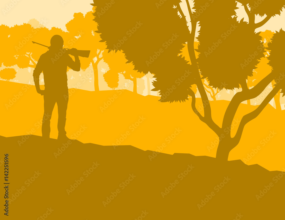 Hunter with gun with forest trees landscape vector Hunter with gun with forest trees landscape vector