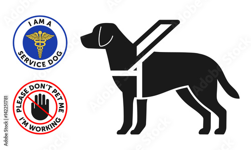 Guide-dog symbol with two round service dog badges