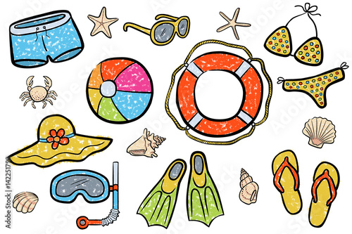 Illustrations-Set: Badesachen / Kreidezeichnung, Vektor, freigestellt