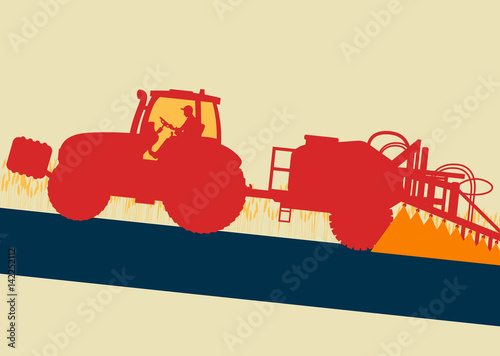 Tractor spraying field vector background for poster