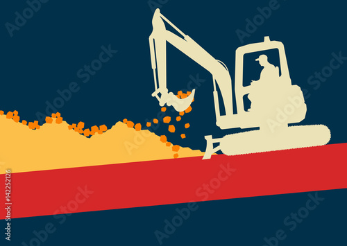 Mini excavator with worker inside cabin working in construction site vector