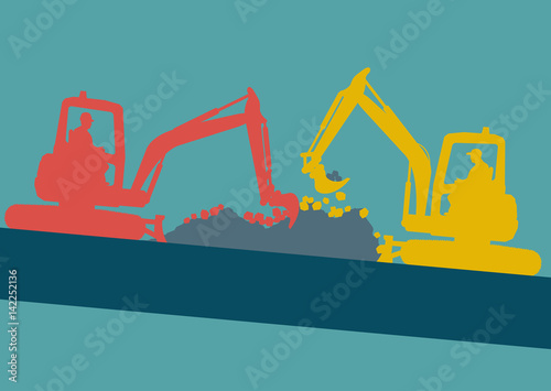 Mini excavator with worker inside cabin working in construction site vector