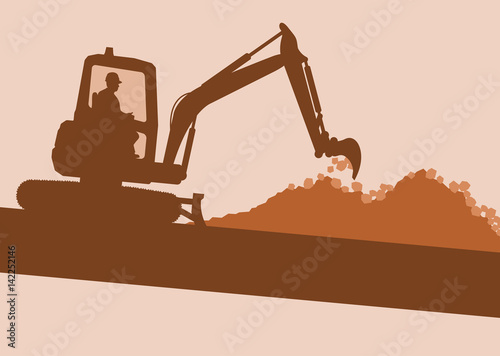 Mini excavator with worker inside cabin working in construction site vector
