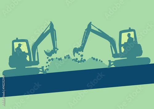 Mini excavator with worker inside cabin working in construction site vector