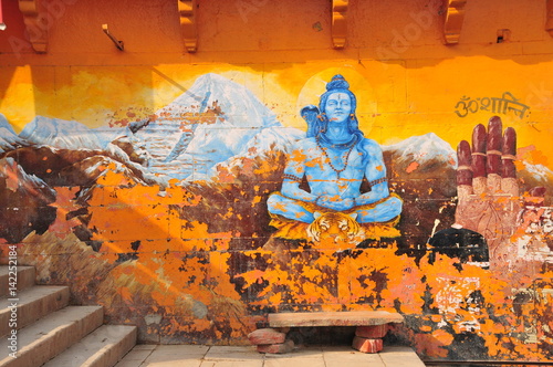  Dasashvamedha Ghat Varanasi, India, An old crumbling mural on the holiest Ghat to the Ganges river.