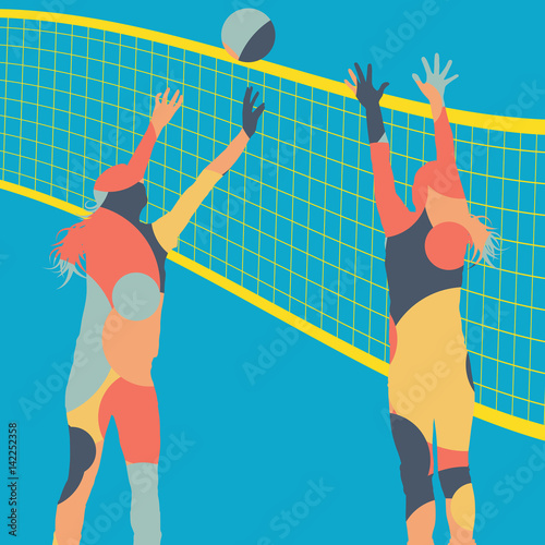 Active young women volleyball player sport silhouettes in abstract color round mosaic background illustration