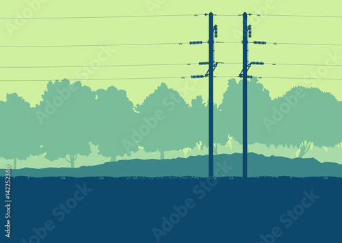 Energy distribution high voltage power line tower sunset landscape with wires and trees vector