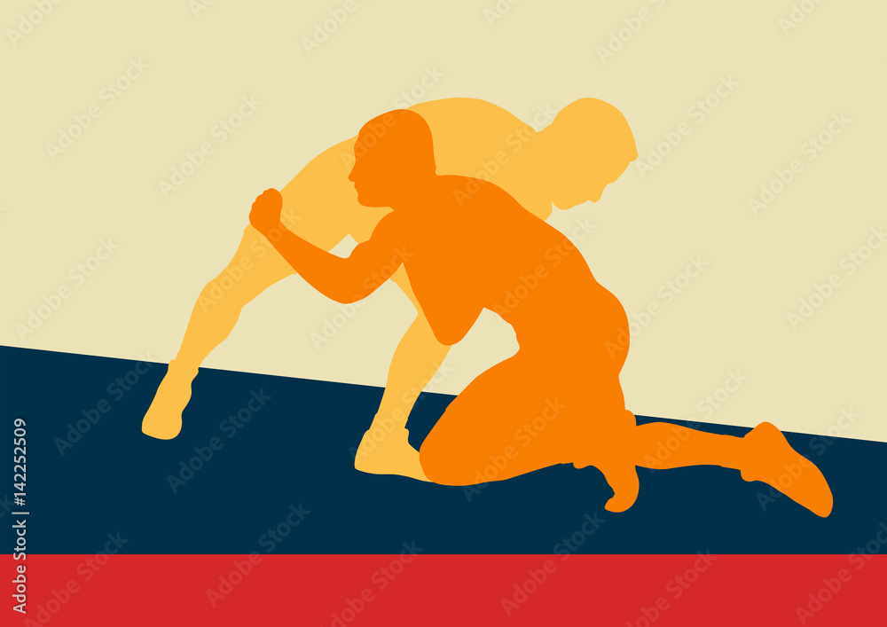 Εκτύπωση καμβά Wrestling active men fight action greek roman sport silhouette vector abstract