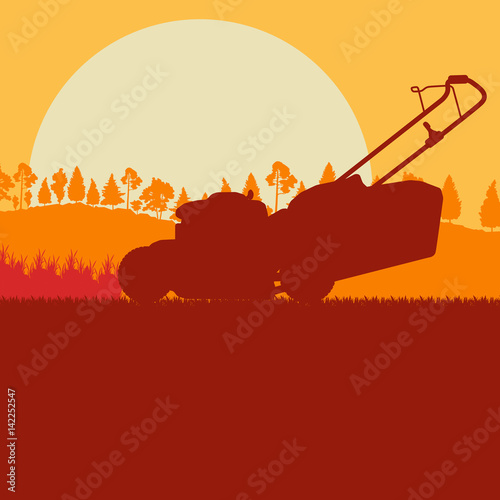 Woman with lawn mover cutting grass vector background landscape
