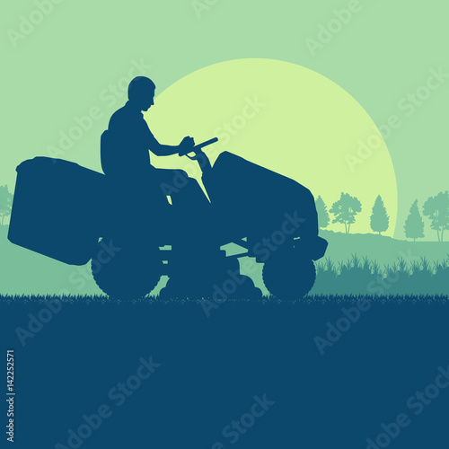 Gardener with lawn mower tractor cutting grass vector background