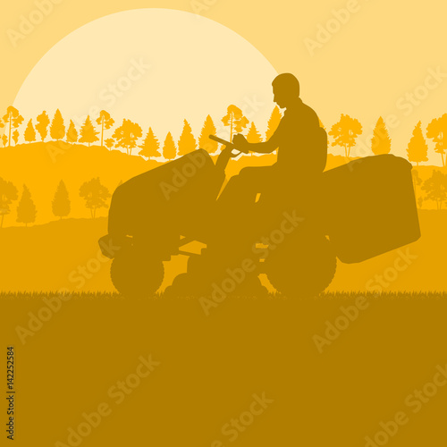Gardener with lawn mower tractor cutting grass vector background