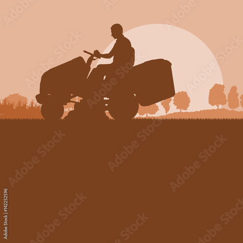 Gardener with lawn mower tractor cutting grass vector background