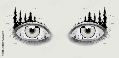 Two eyes that are condensed in the nature landscape, dark illustration